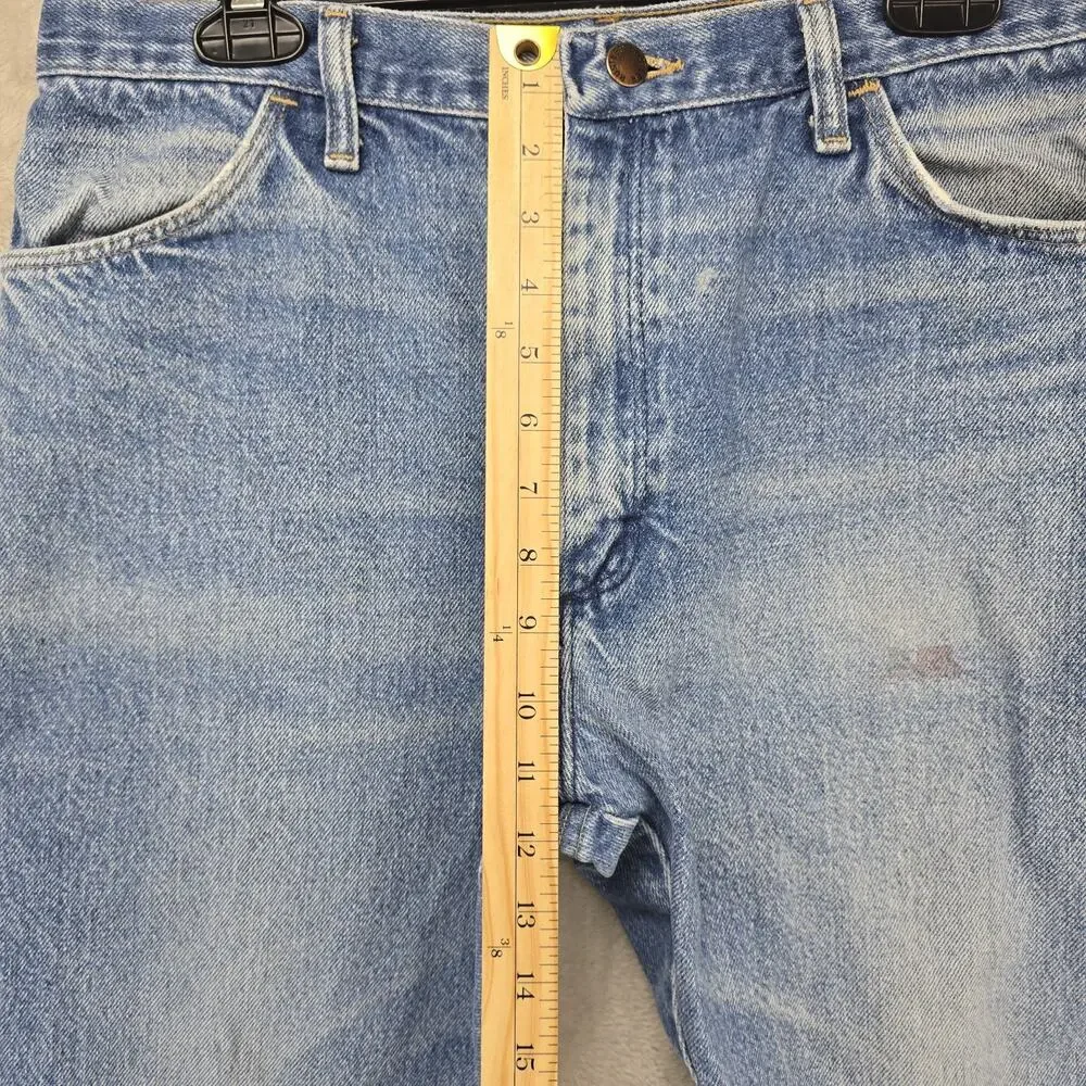 Vintage Rustler Jeans Mens Fits 32x26 Blue Faded Whiskers Denim Straight Leg USA
